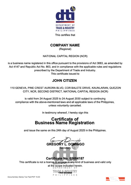 Philippines certificate of business name registration Word and PDF version 2